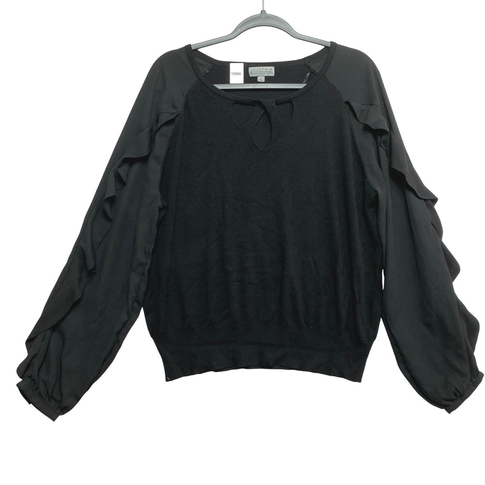 Joseph A. Sweater Womens XL Black Mixed Media Ruffle Sleeve Keyhole Top